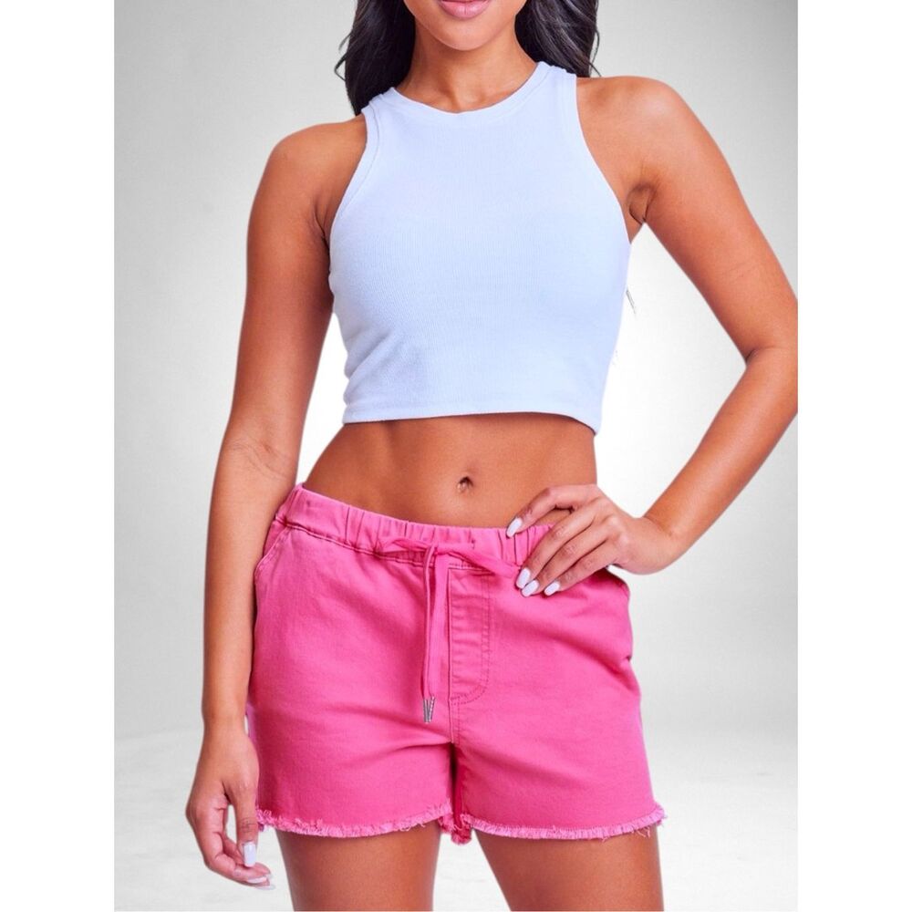YMI Pink Denim Short Pull On Drawstring Frayed Hem High Rise Stretch Summer Plus - Picture 2 of 15